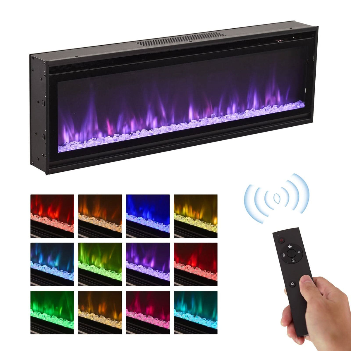 40/50/60inch Black Wall Mounted & Recessed Electric Fireplace with Adjustable Flame & Brightness