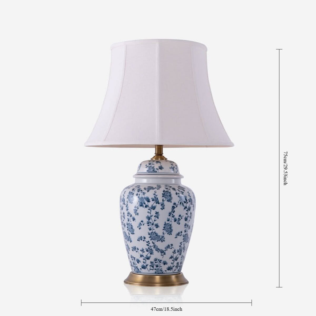 Lightsin Blue Floral Ceramic Table Lamp with Fabric Shade and Brass Base
