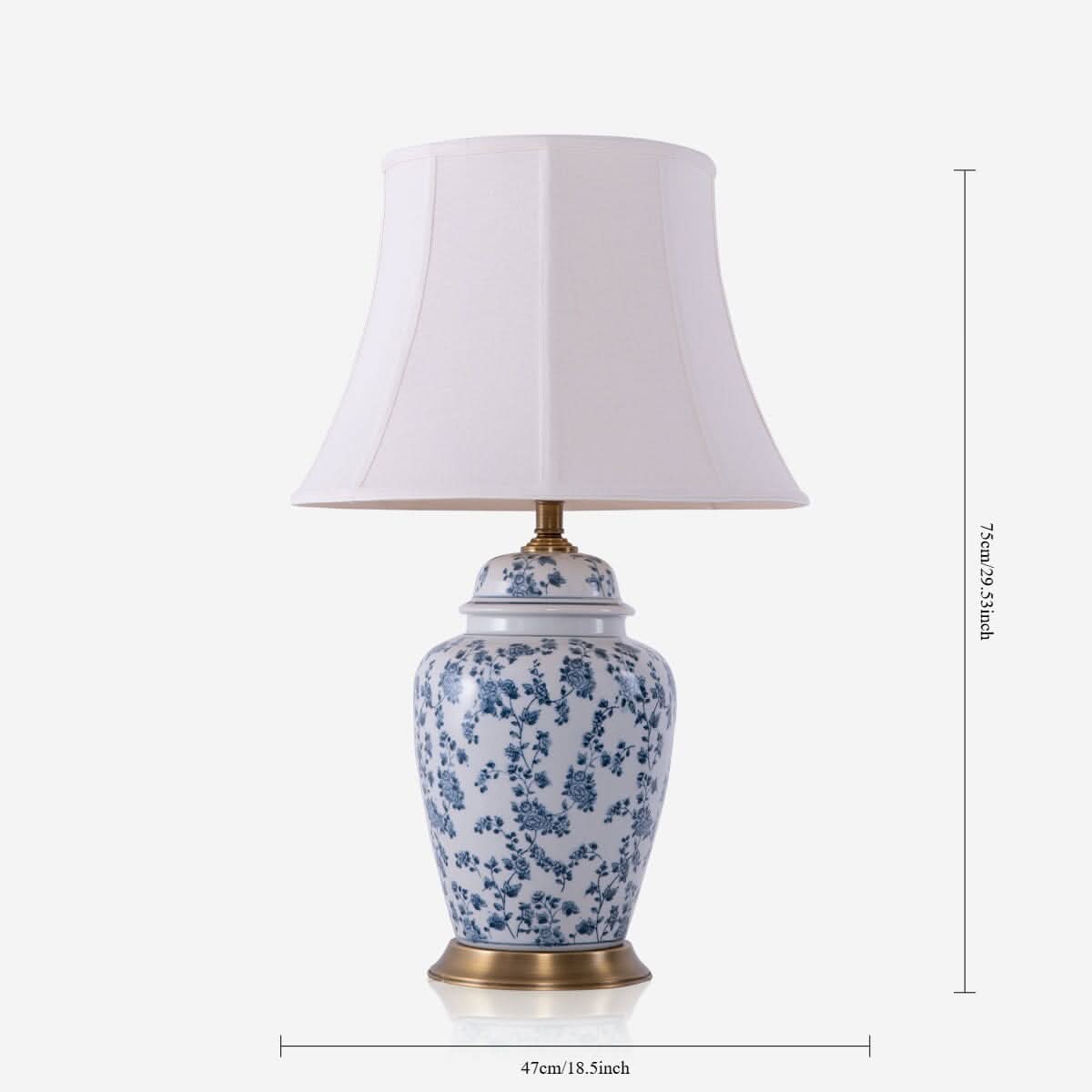 Lightsin Blue Floral Ceramic Table Lamp with Fabric Shade and Brass Base