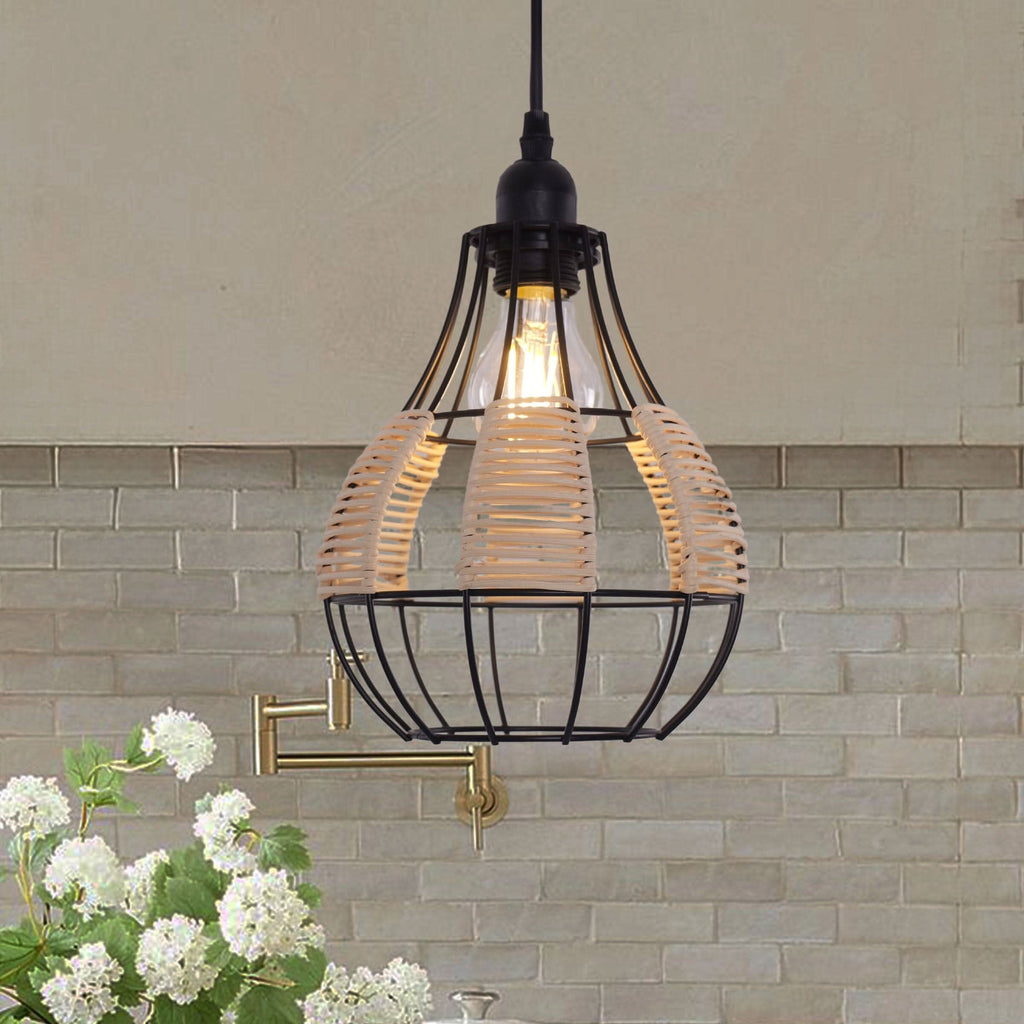 Glyph-Lightsin Rustic Iron Woven Rattan Pendant Light for Dining Room, Reading Corner & Bedroom