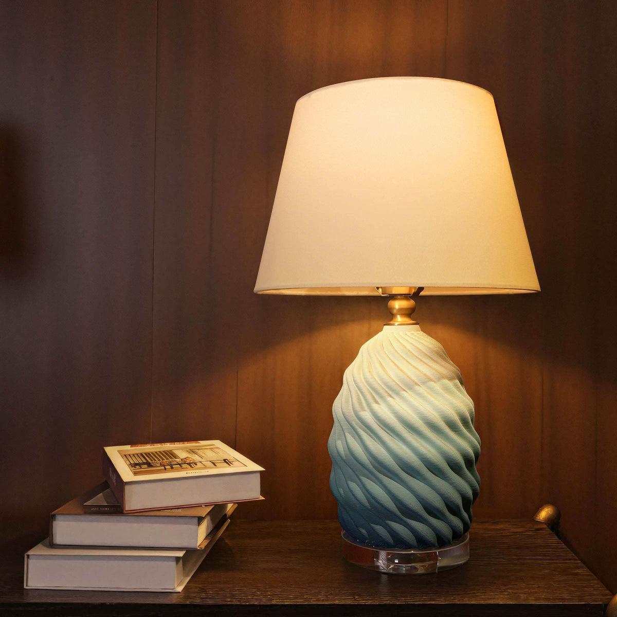 Lightsin 3D Green White Gradient Threaded Ceramic Table Lamp with Fabric Shade