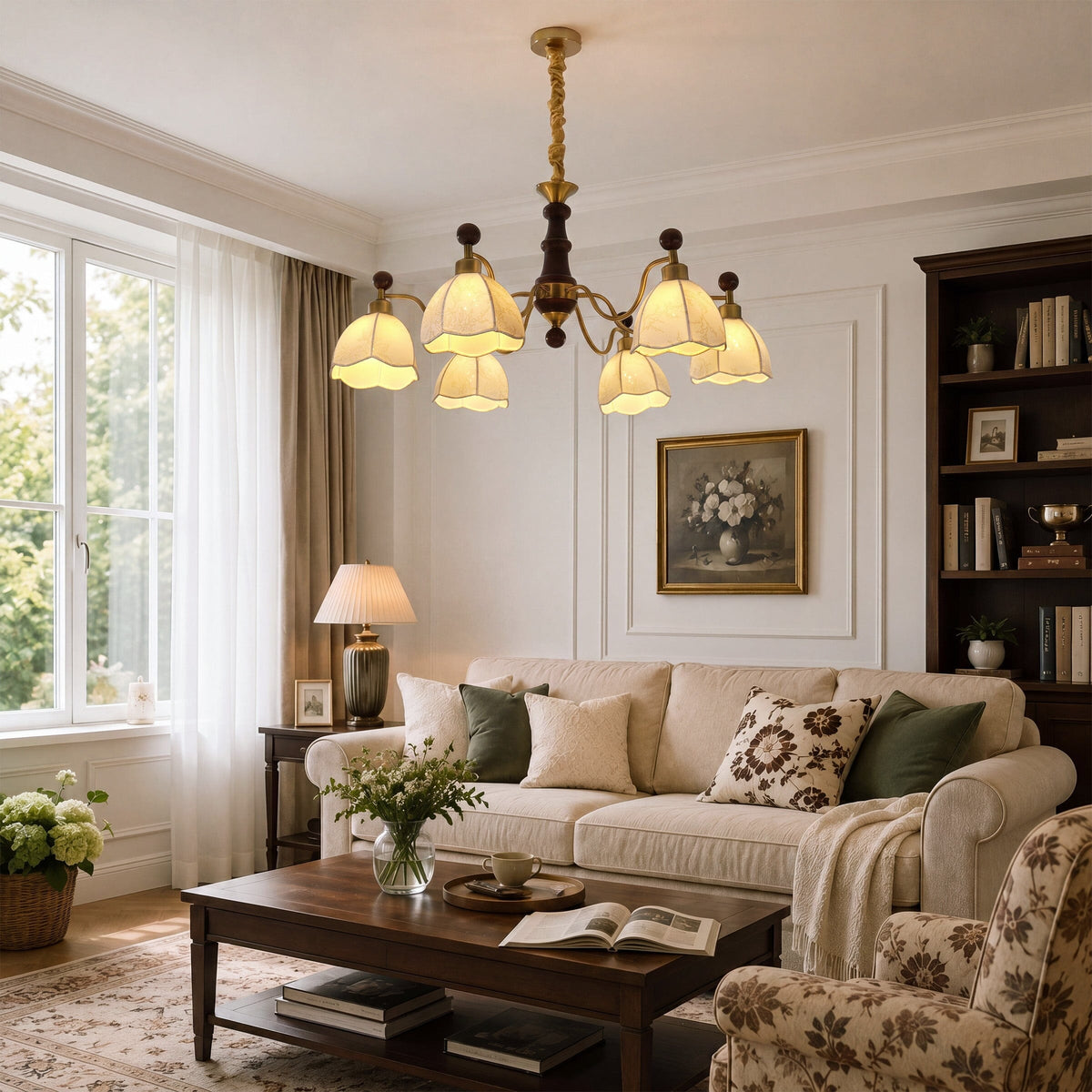 6-Light Yellow Fabric Chandelier | Adjustable E27 Ceiling Lamp
