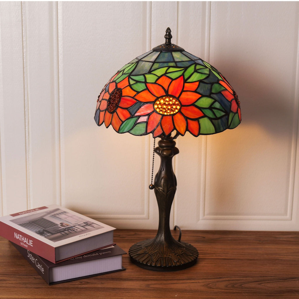 Lightsin Tiffany Table Lamp | Handcrafted Stained Glass Floral Petals Series Green and Blue