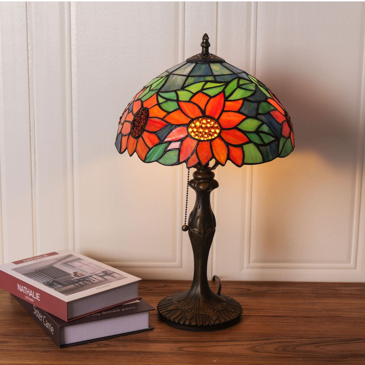 Lightsin Tiffany Table Lamp | Handcrafted Stained Glass Floral Petals Series Green and Blue