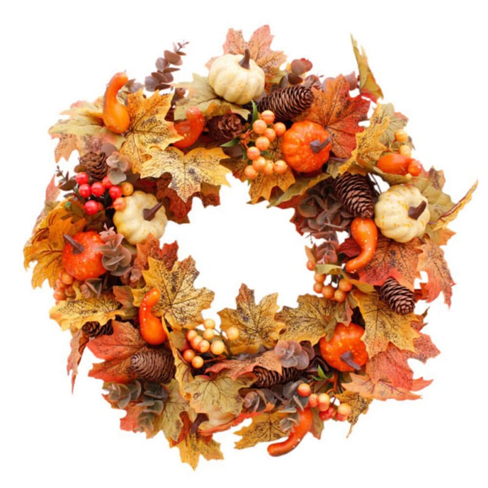 Autumn Pumpkin Wreath Wall Decoration with Lights – 50cm