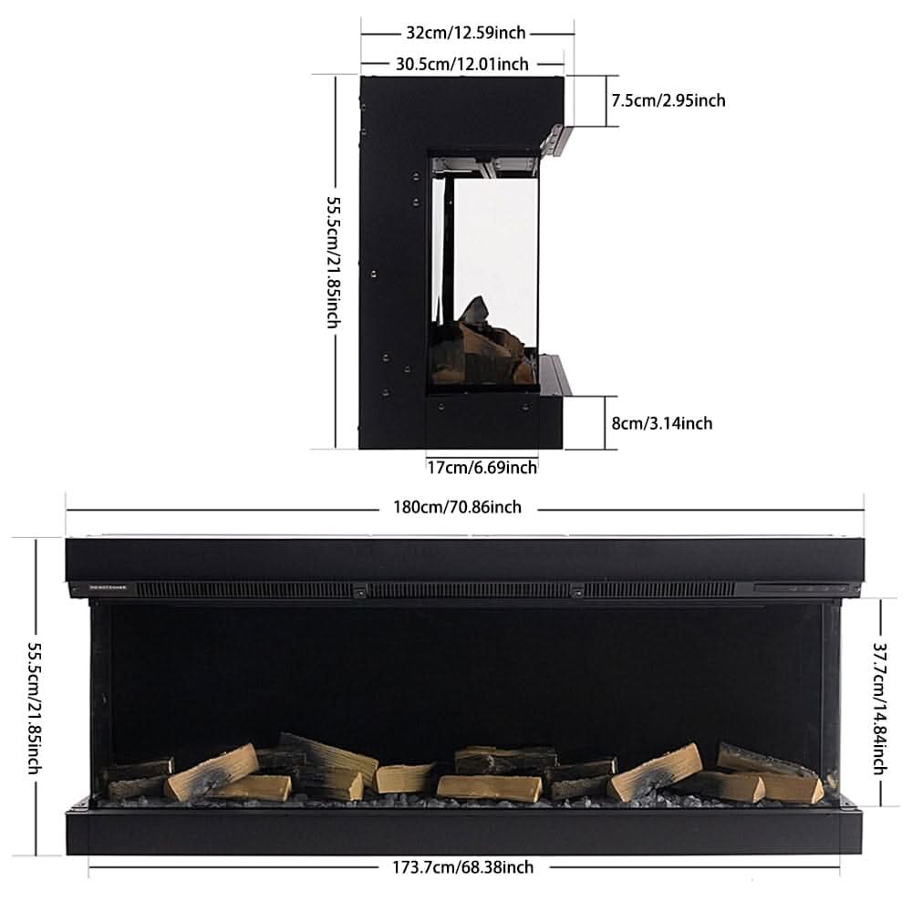 40/50/60/70-Inch 3-Sided Freestanding Electric Fireplace 12 Flame Colours and 5 Brightness Modes