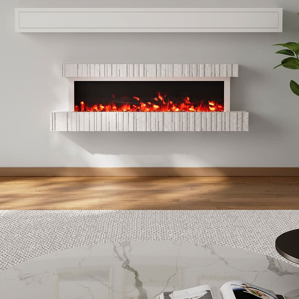 47/59 Inch Wall Mounted Electric Fireplace with Faux Stone Mantel, WiFi, Remote & LED Flames
