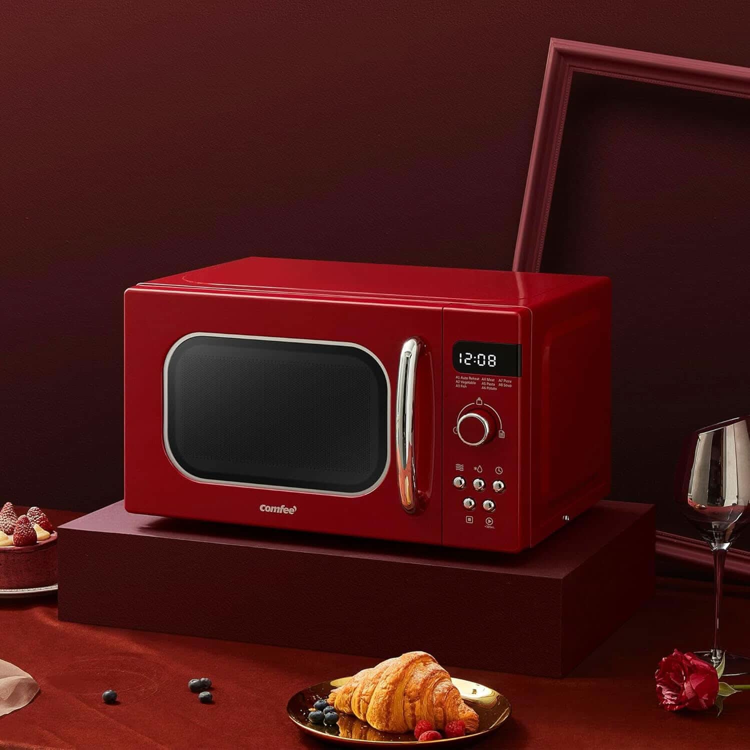 COMFEE 800W 20L Retro Microwave Oven with LED Display Red/Cream/Pastel Green