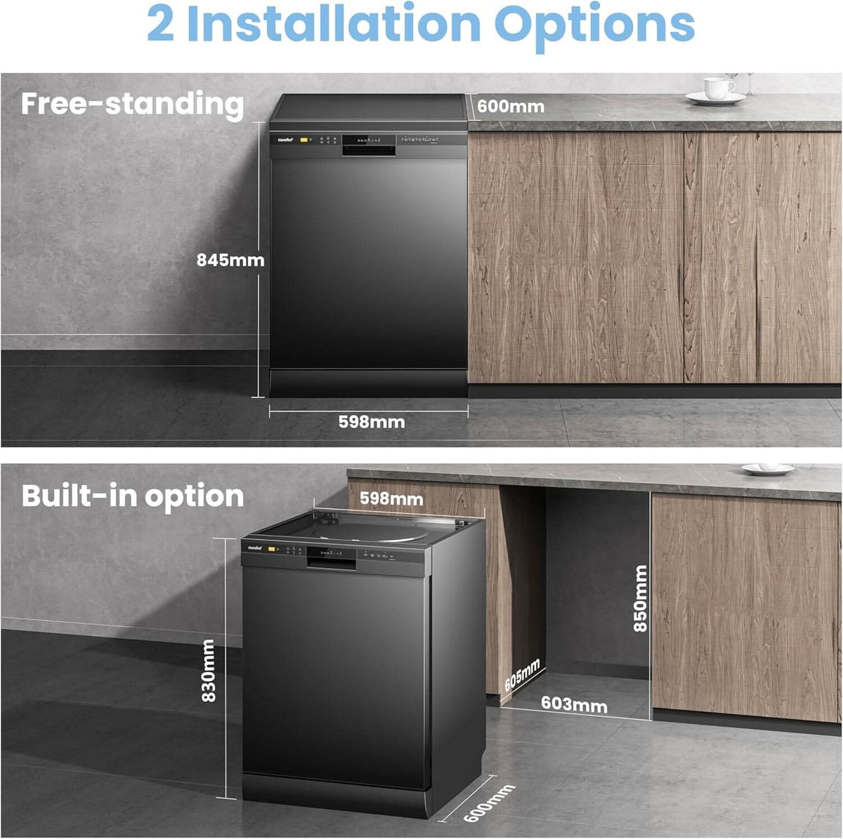 COMFEE 11L Black Freestanding Dishwasher, 60cm Full Size with 12 Place Settings and Quick Wash