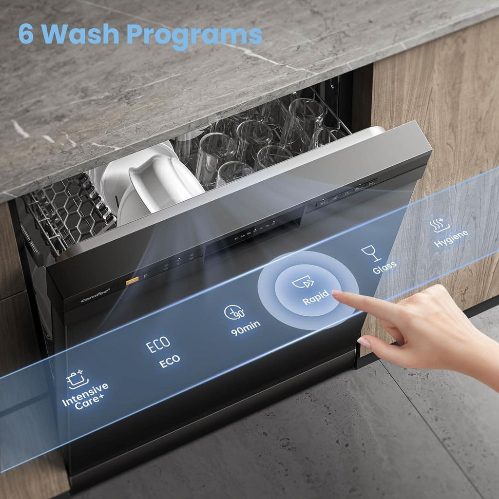 COMFEE 11L Black Freestanding Dishwasher, 60cm Full Size with 12 Place Settings and Quick Wash
