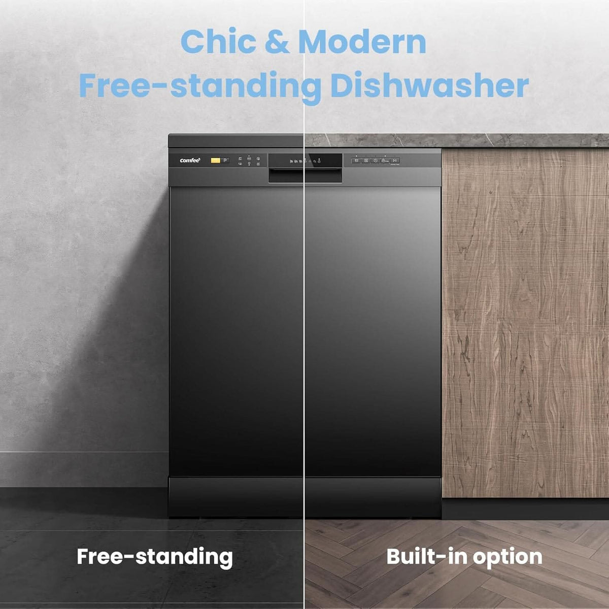 COMFEE 11L Black Freestanding Dishwasher, 60cm Full Size with 12 Place Settings and Quick Wash
