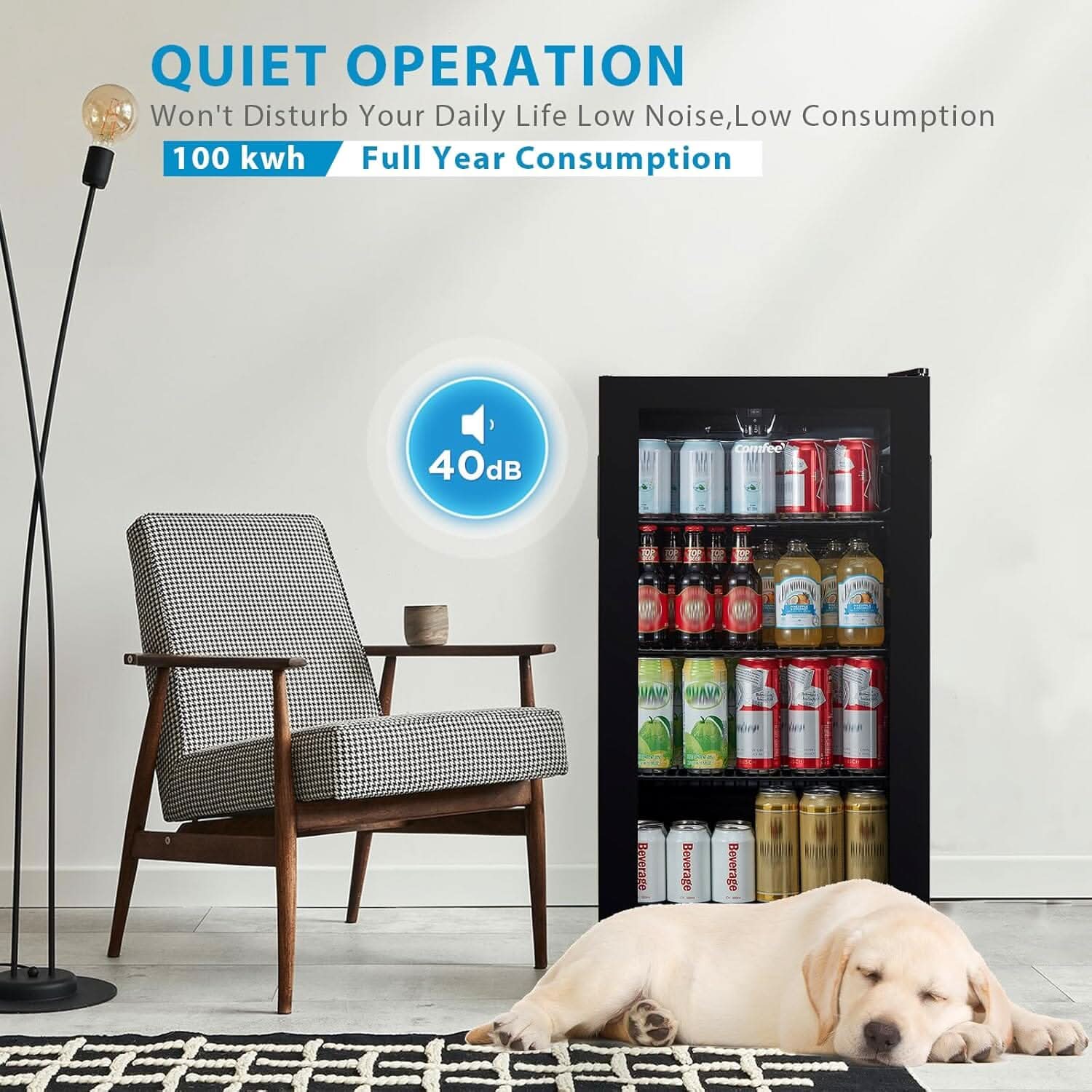 COMFEE 93L Black Compact Drinks Fridge with Adjustable Shelves and LED Light