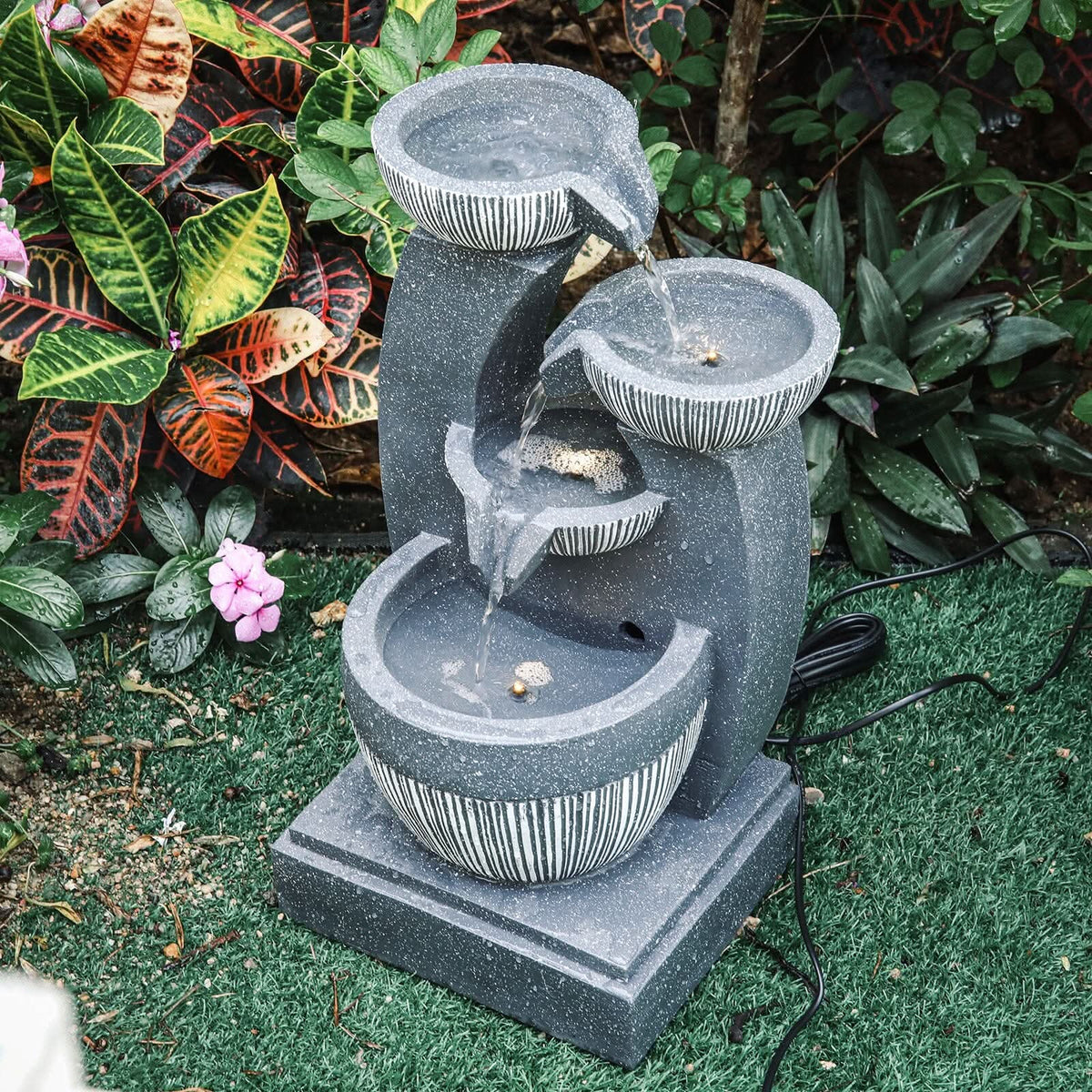 Cascading Bowls Garden Water Feature Fountain 4-Tier Fountain LED Fountain