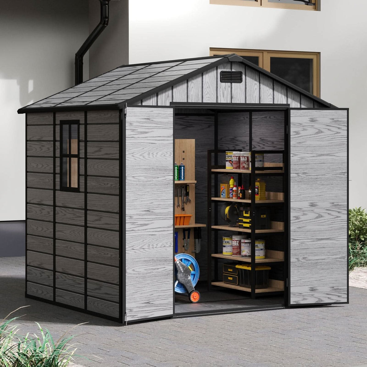 8x6ft / 8x8ft Plastic Outdoor Apex Roof Tool Shed with Dual-door (Ver.2)