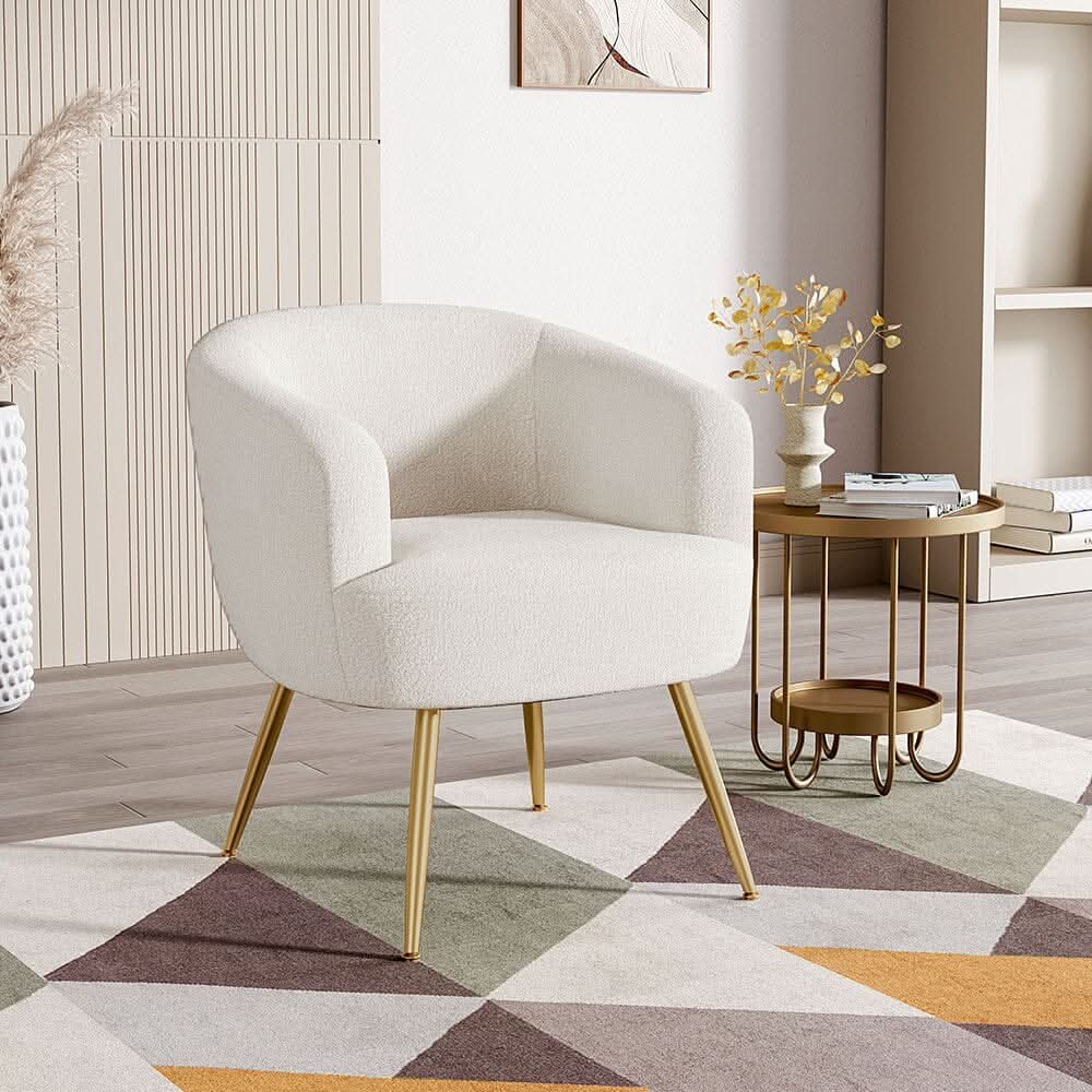 Boucle Teddy Fabric Armchair with Metal Legs White