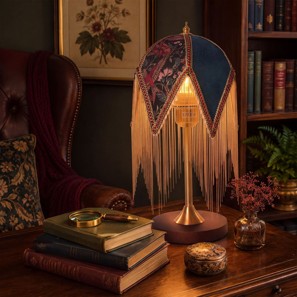 Mid-Century Vintage Tassel Table Lamp | Antique Brass & Fabric Bedside Lamp