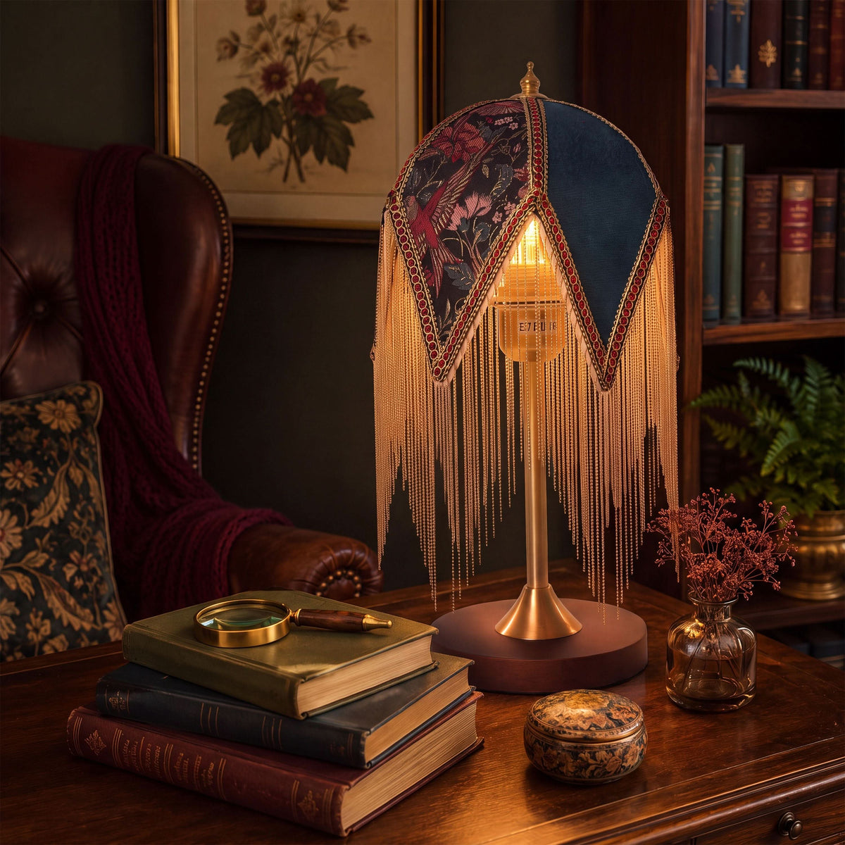 Mid-Century Vintage Tassel Table Lamp | Antique Brass & Fabric Bedside Lamp