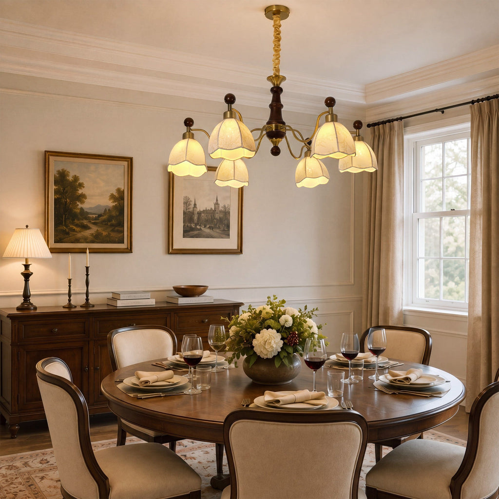 6-Light Yellow Fabric Chandelier | Adjustable E27 Ceiling Lamp