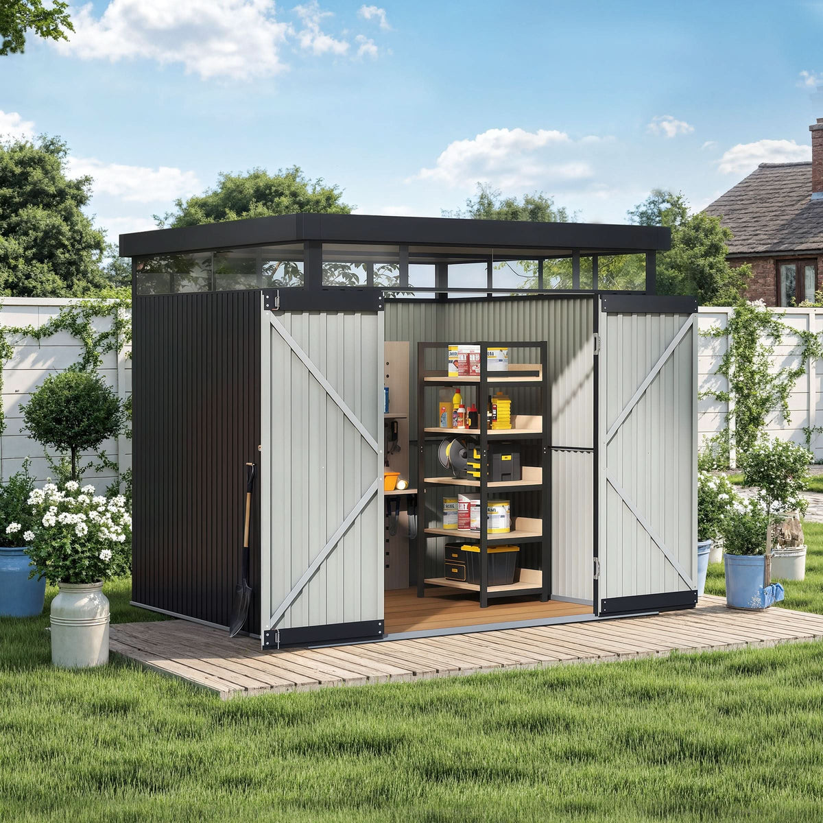 2x2.6x2m/1.6x2.6x2m/2.6x3x2m/4x3x2m Charcoal Black Galvanized Steel Storage Shed with Double/Single Lockable Doors