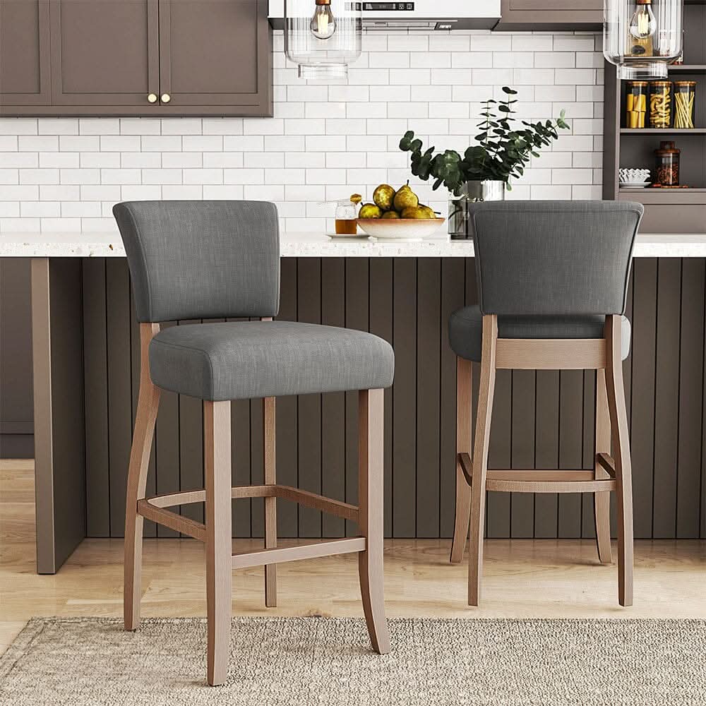 Set of 2 Linen Upholstered Bar Stools with Natural Wood Legs