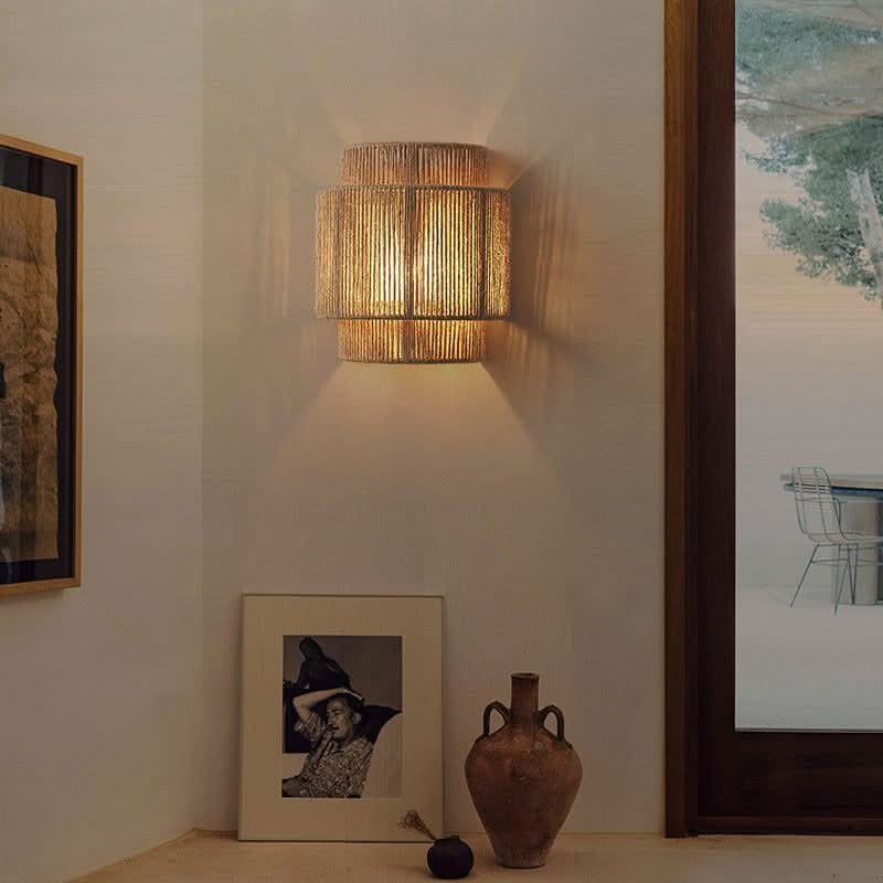Vintage Hand-Woven Hemp Rope Half Cylinder Wall Lamp