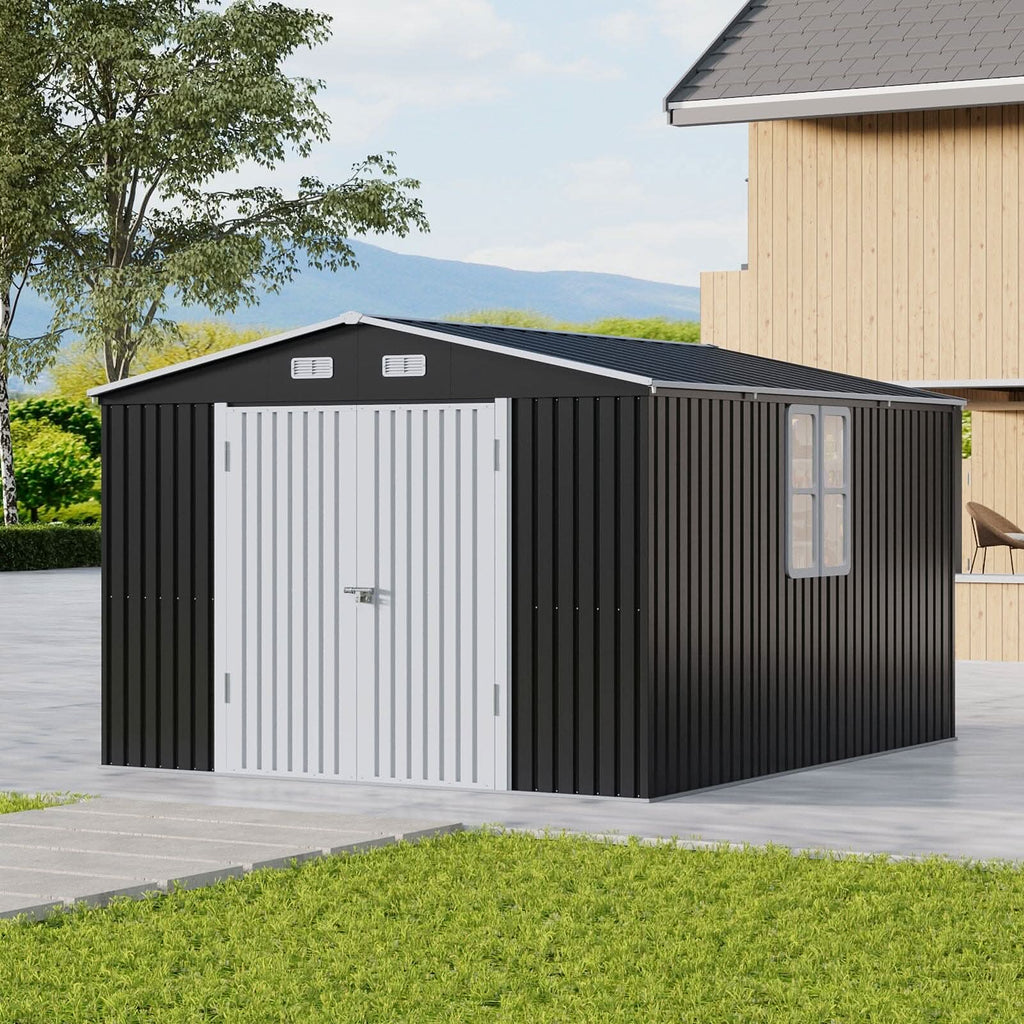 12x10ft / 10x12ft / 10x16ft Charcoal Black Galvanized Steel Storage Shed with Double Lockable Doors & Grid Windows