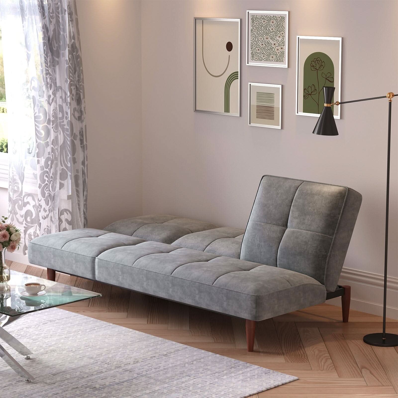 Faux Suede 3 Seater Upholstered Sofa Bed with Wood Legs