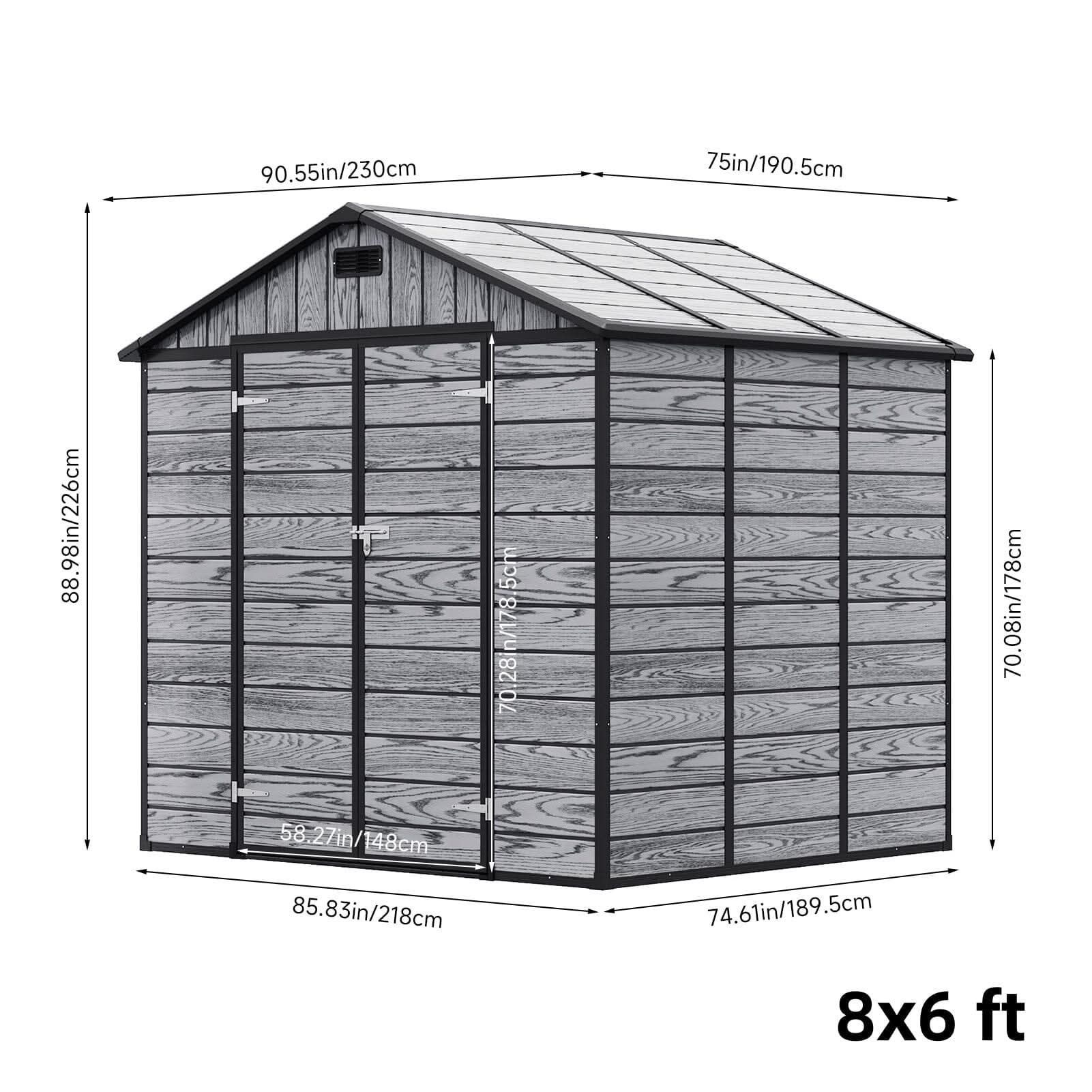 8x6ft / 8x8ft Plastic Outdoor Apex Roof Tool Shed with Dual-door (Ver.2)