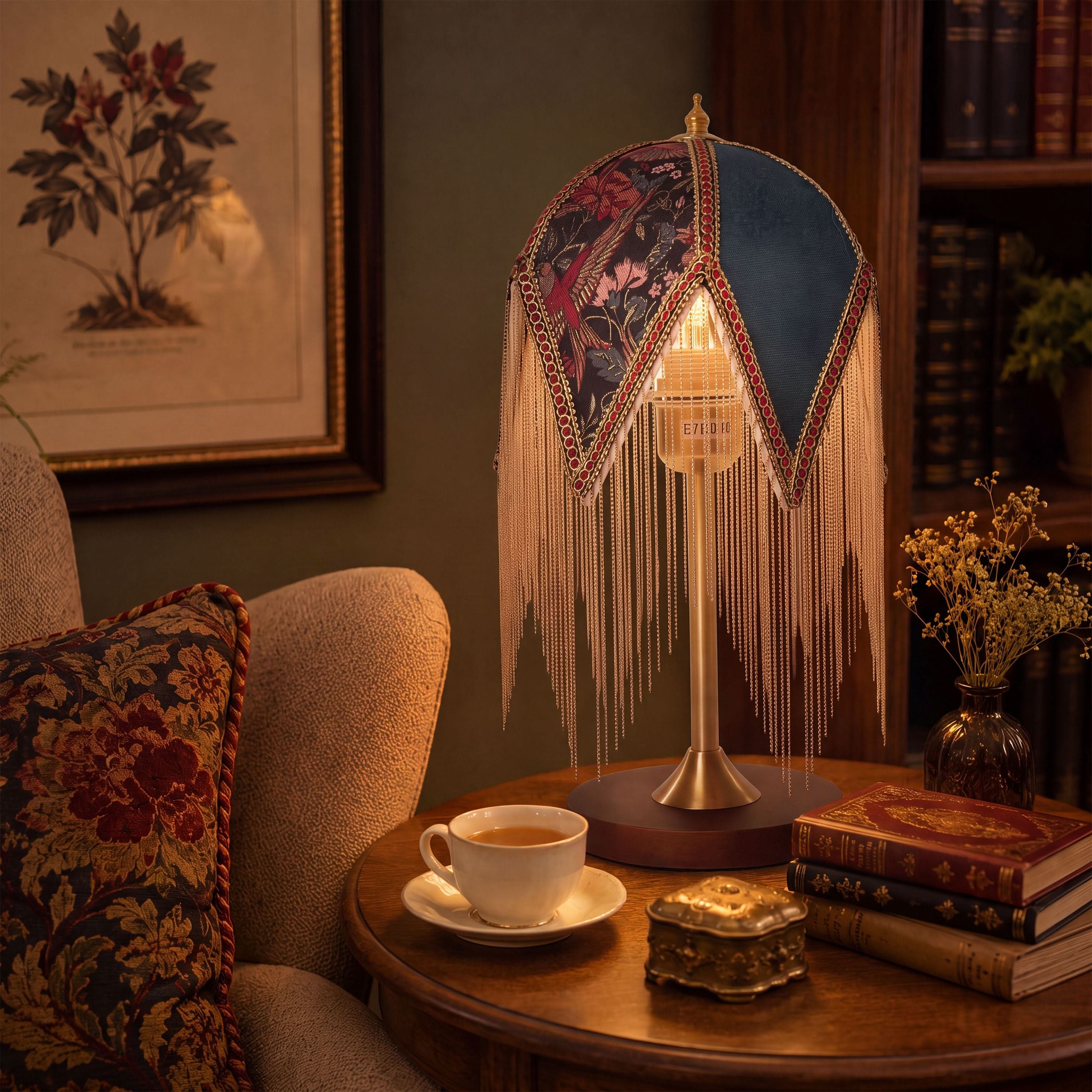 Mid-Century Vintage Tassel Table Lamp | Antique Brass & Fabric Bedside Lamp