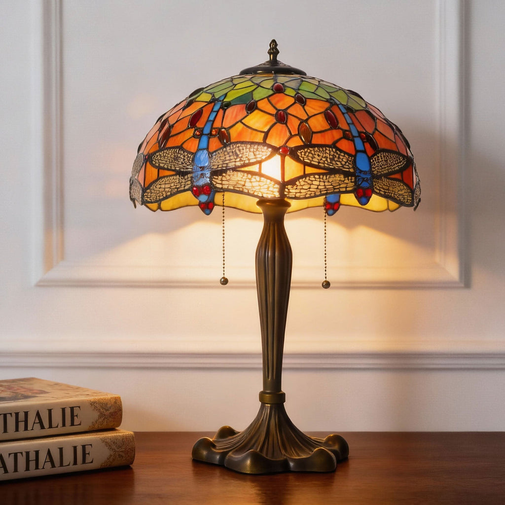 Lightsin Tiffany Table Lamp | Handcrafted Stained Glass Dragonfly Series Blue Dragonfly