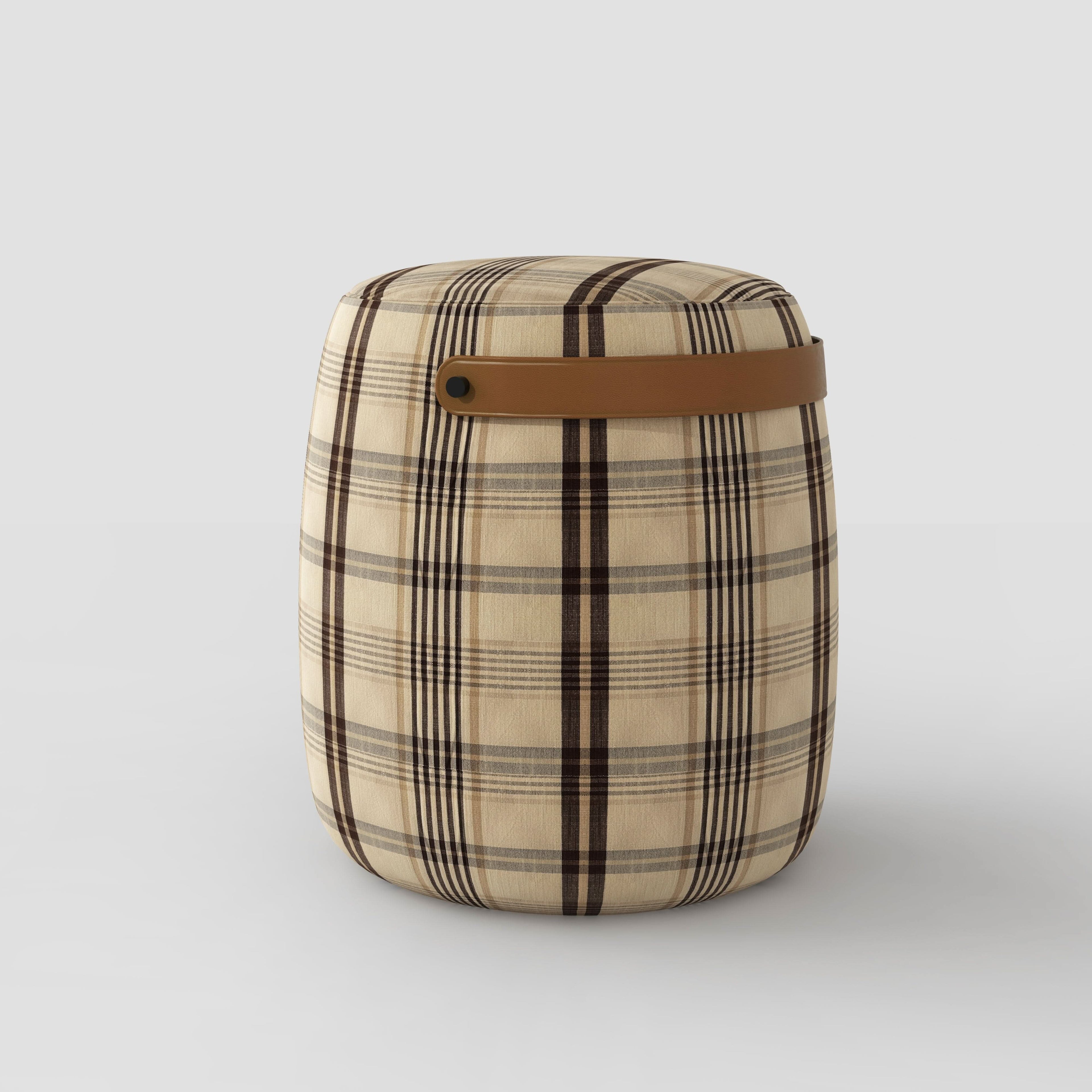 Haven British Check Round Pouffe Footstool with Leather Handle