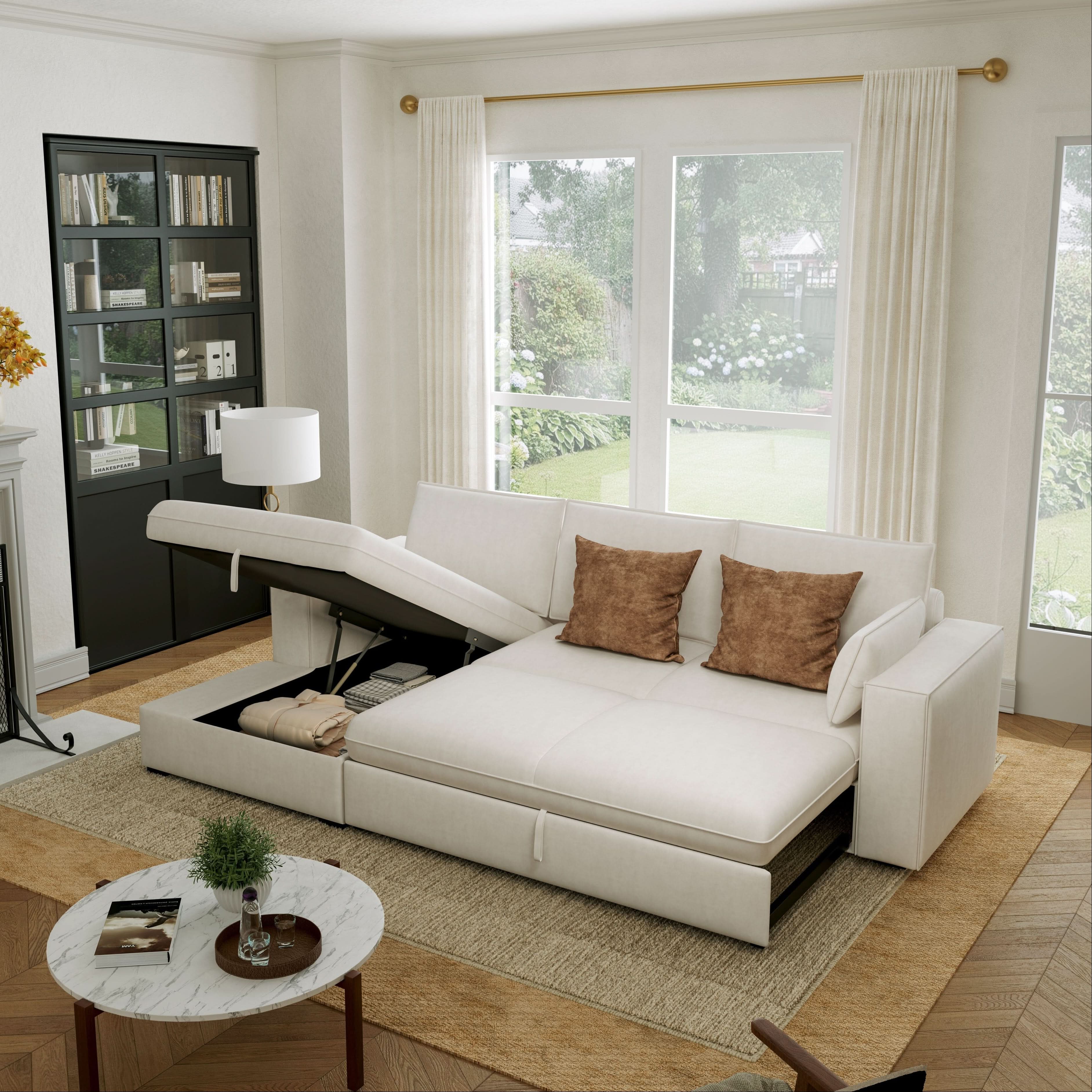 Cottonfy Creamy Tofu Block Pullout Sofa Bed with Storage