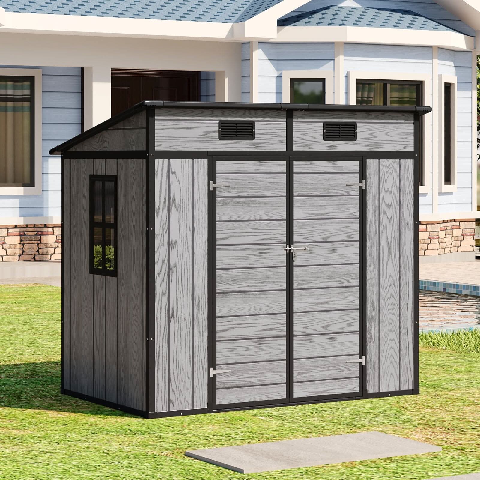 6x4ft / 8x4ft Plastic Outdoor Garden Storage Shed  with Light Grey