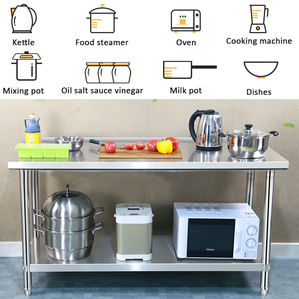 2 Tiers Commercial Kitchen Prep Table Stainless Steel Work Table