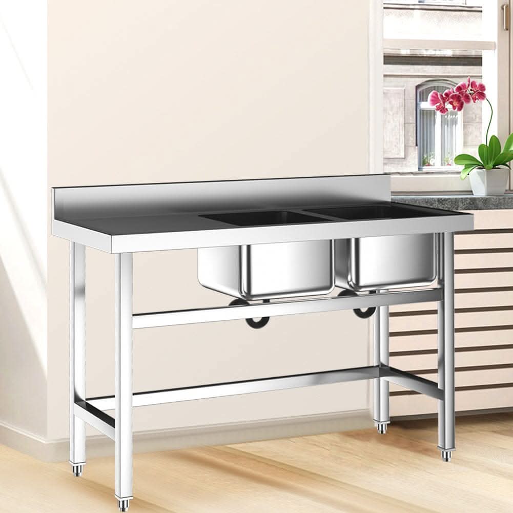 Commercial Kitchen Sink 2 Compartment Stainless Steel with Left Drainboard