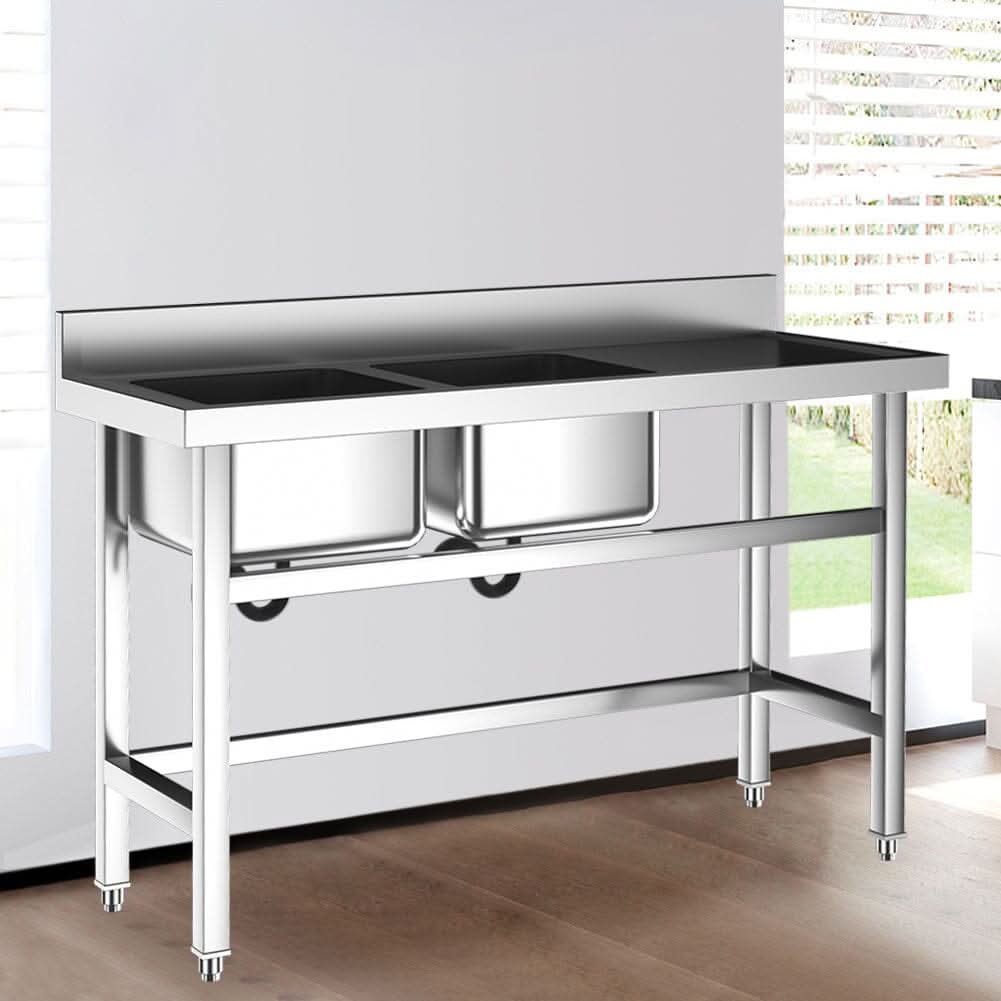 Commercial Kitchen Sink 2 Compartment Stainless Steel with Left Drainboard