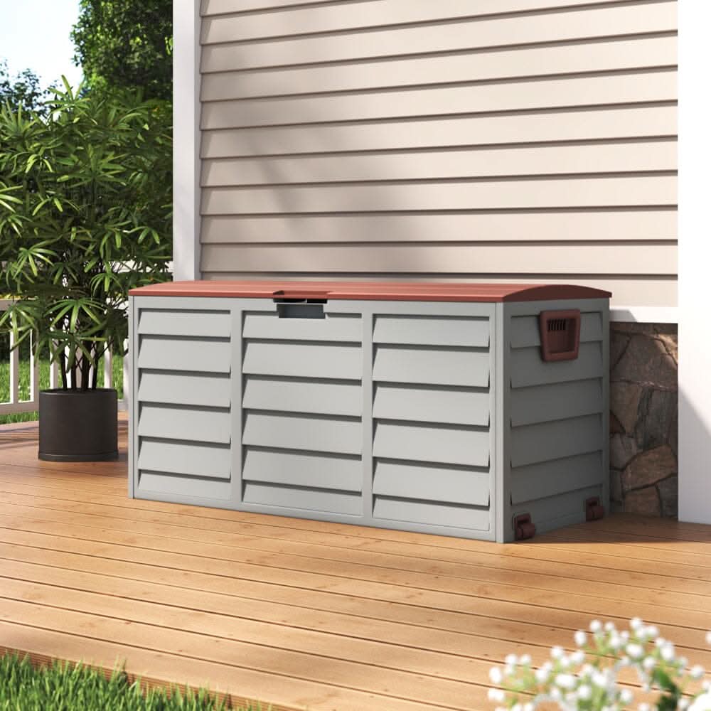 3ft L Grey Garden Storage Chest Box with Brown/Black Cover