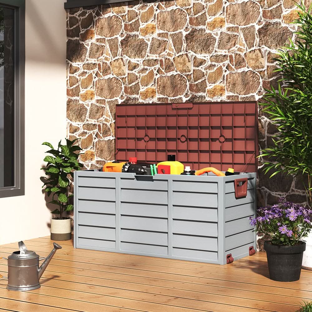 3ft L Grey Garden Storage Chest Box with Brown/Black Cover