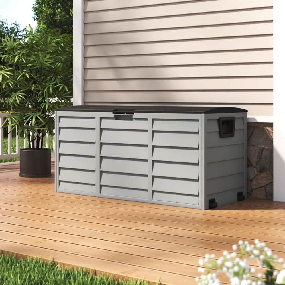 3ft L Grey Garden Storage Chest Box with Brown/Black Cover