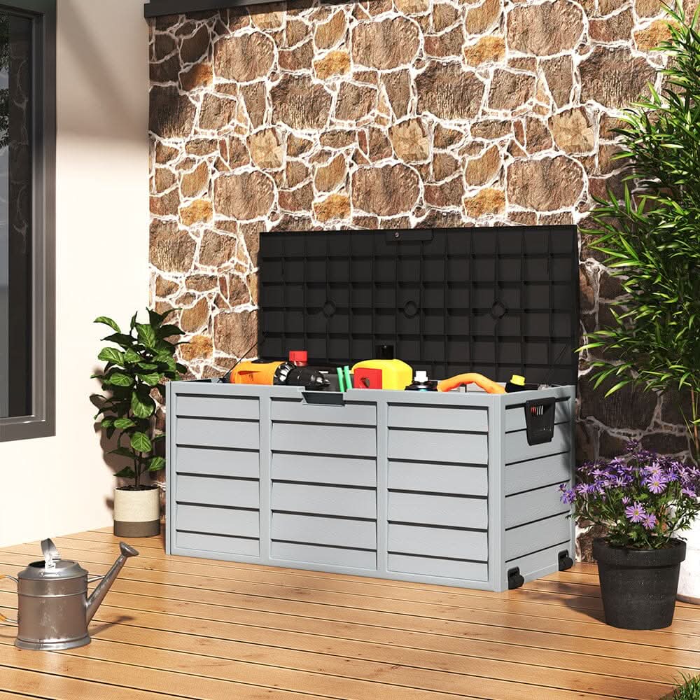3ft L Grey Garden Storage Chest Box with Brown/Black Cover