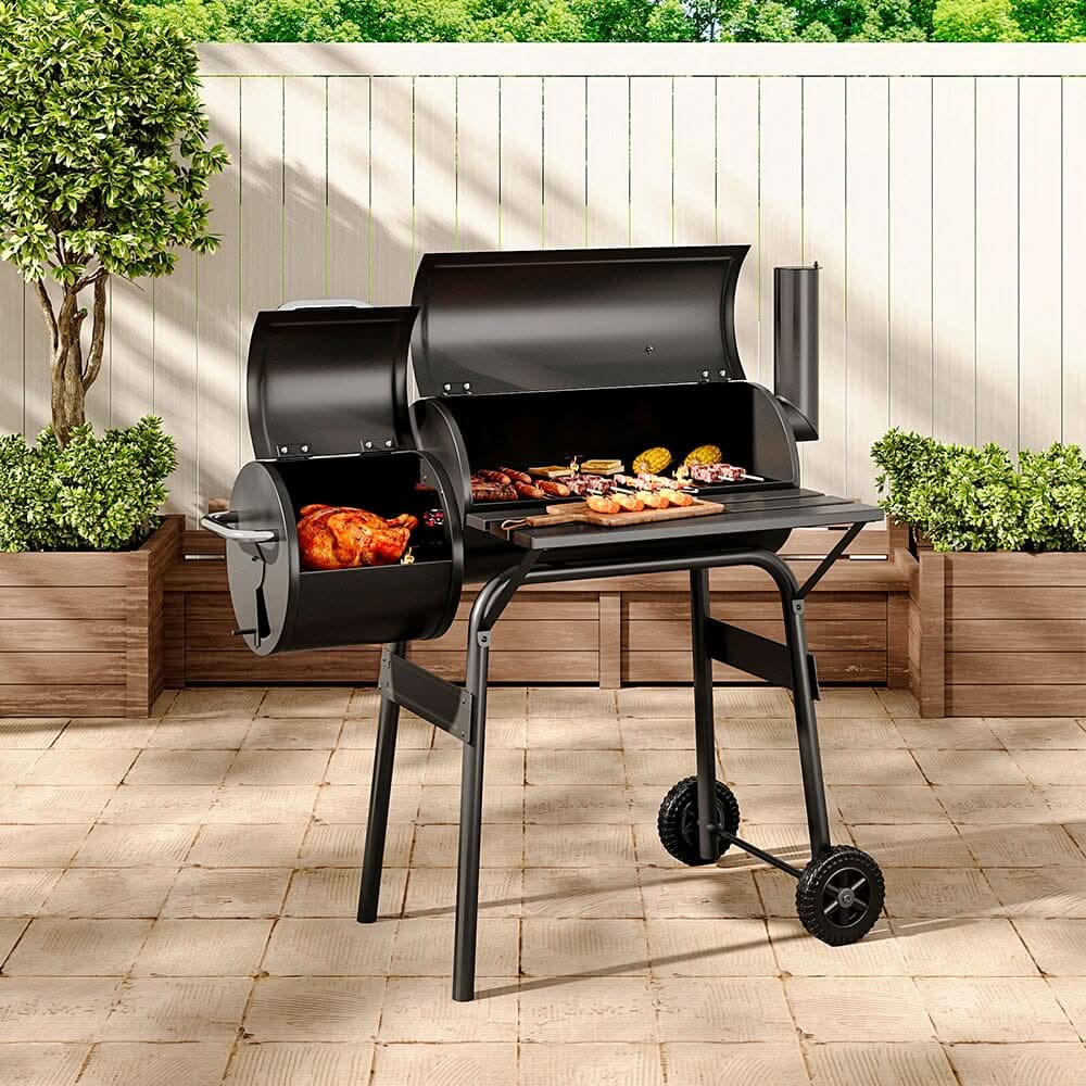 3ft Outdoor Charcoal BBQ Grill with Offset 2-in-1 Smoker and Wheels