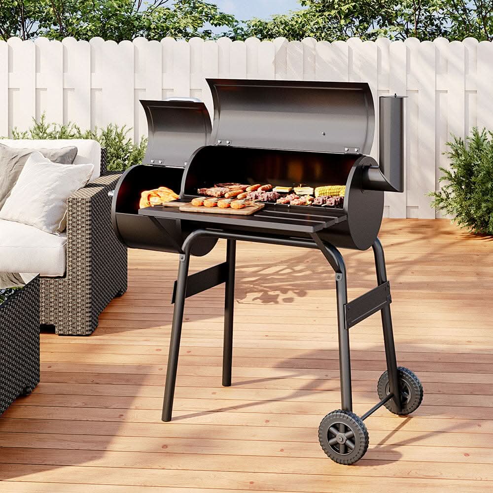 3ft Outdoor Charcoal BBQ Grill with Offset 2-in-1 Smoker and Wheels