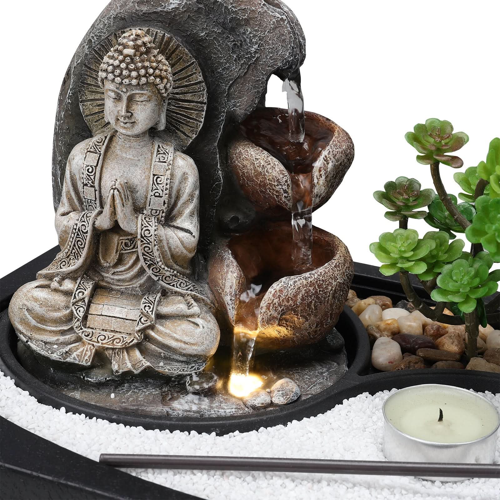 Buddha Zen Tabletop Fountain with LED Light, Tealight Holder and Succulent