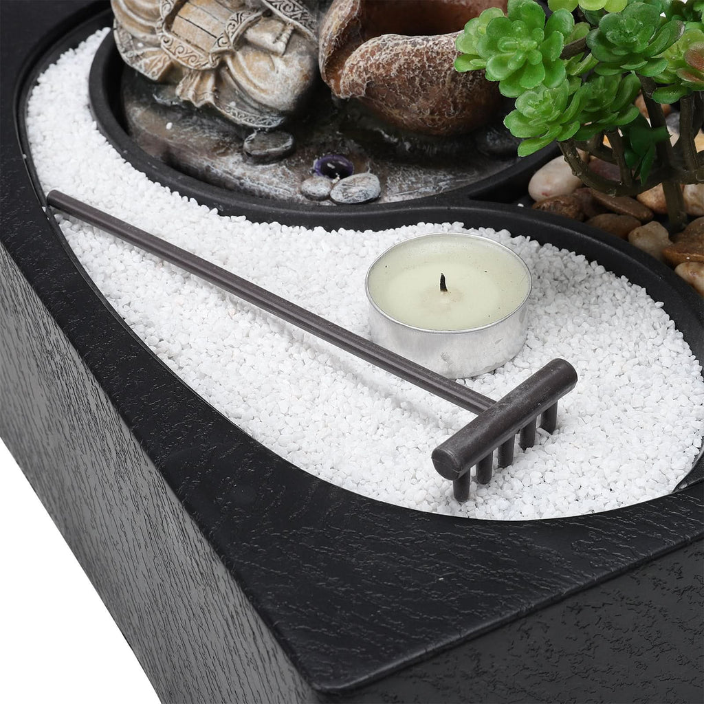 Buddha Zen Tabletop Fountain with LED Light, Tealight Holder and Succulent