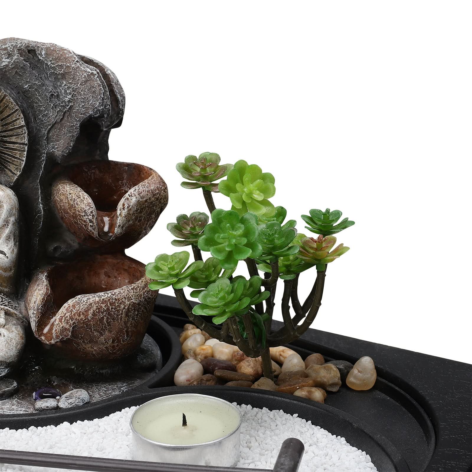 Buddha Zen Tabletop Fountain with LED Light, Tealight Holder and Succulent