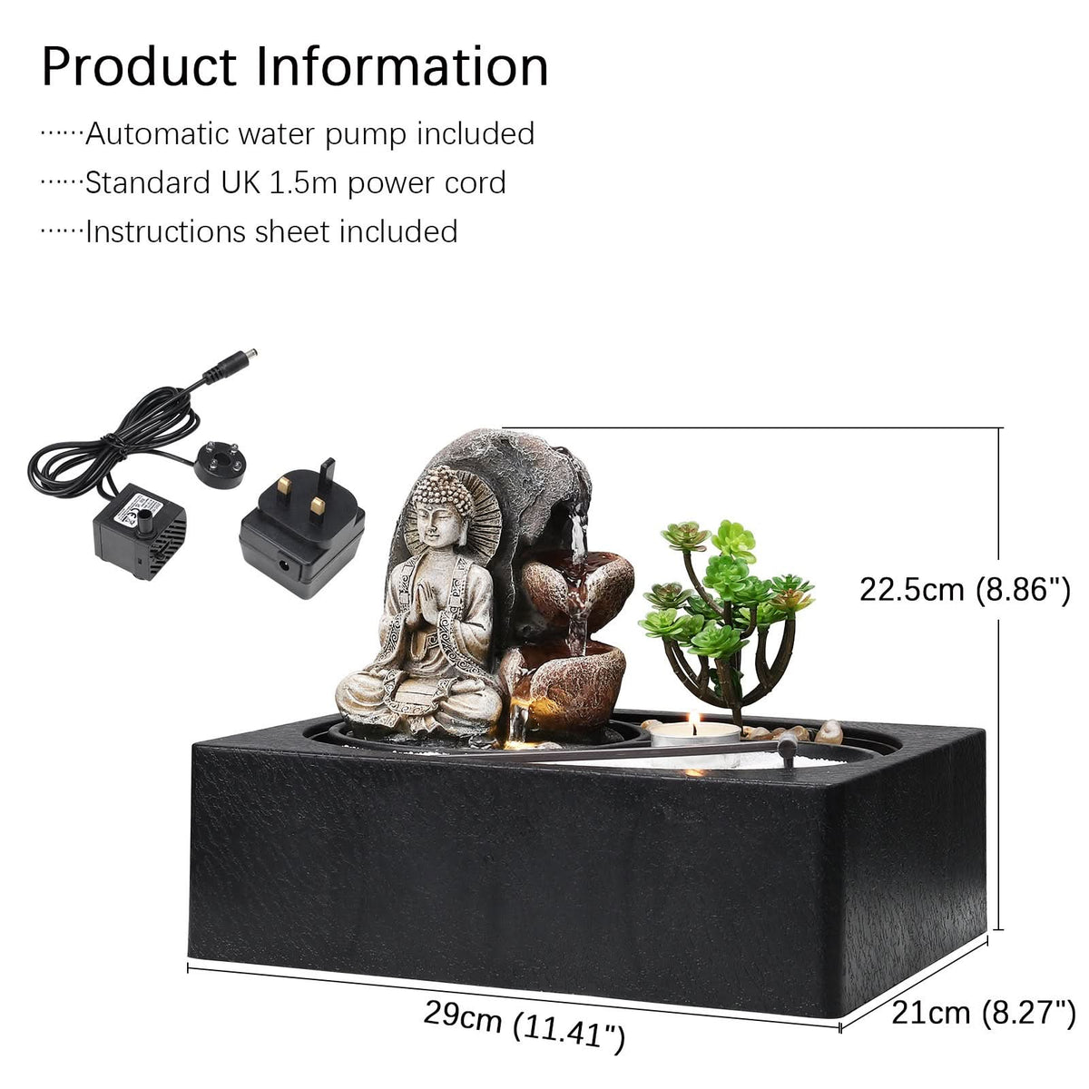 Buddha Zen Tabletop Fountain with LED Light, Tealight Holder and Succulent