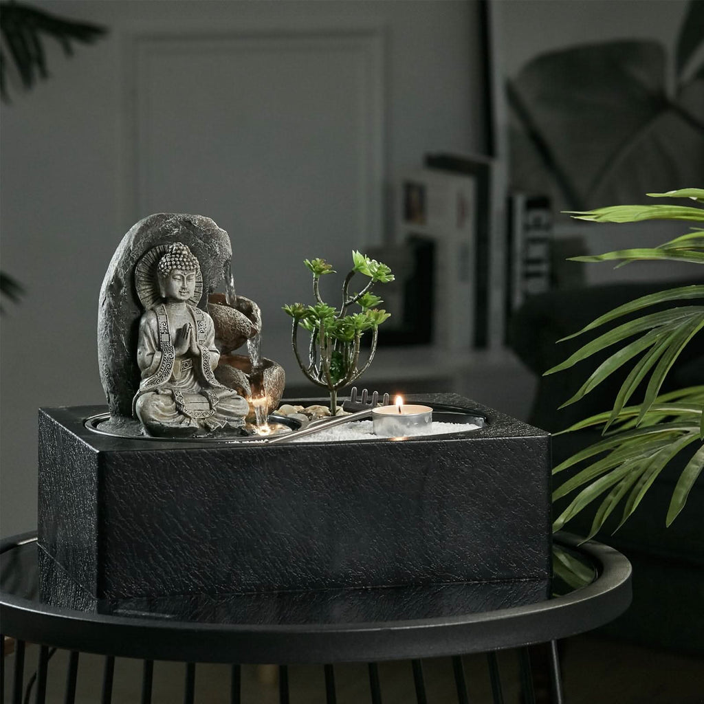 Buddha Zen Tabletop Fountain with LED Light, Tealight Holder and Succulent