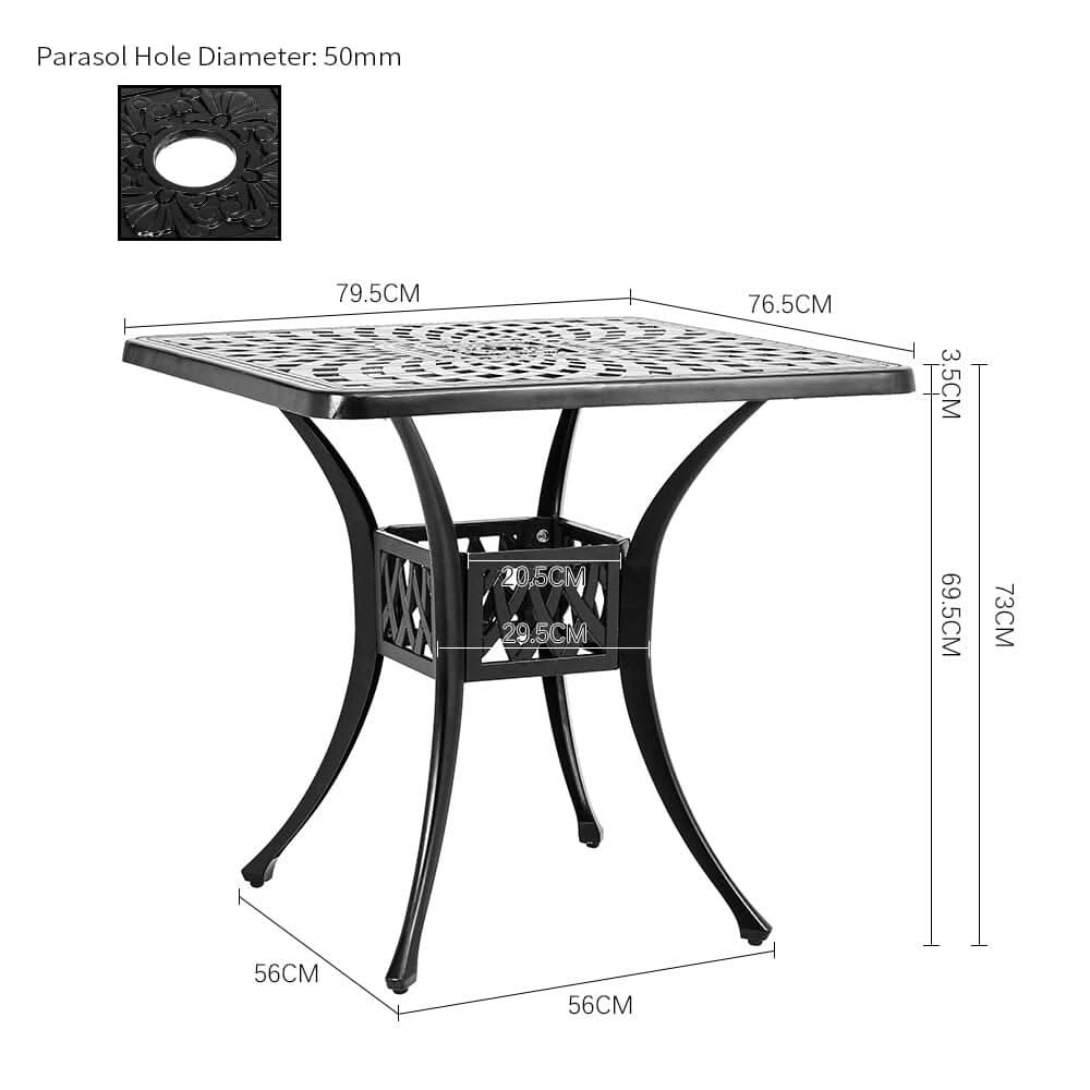 Black 2.6ft Cast Aluminium Square Garden Dining Table for Outdoors