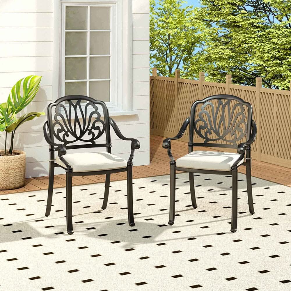 Set of 2 Outdoor Cast Aluminum Dining Chairs with Cushions