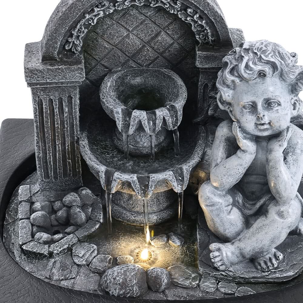 Grey Tabletop Resin Cherub Fountain with LED Light Indoor